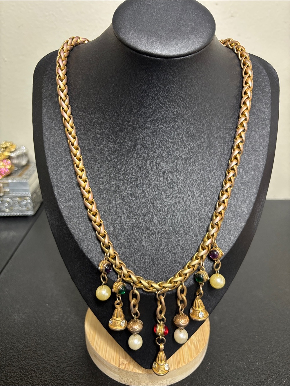 Vintage Victorian Gold Tone Rope Chain Dangle Charm Faux Pearl Rhinestone